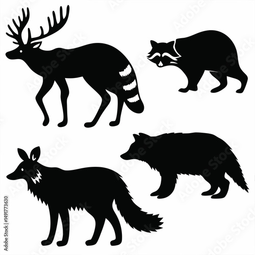 Silhouettes of wild animals vector illustration collection features black silhouettes of a dog, wolf, cat, bear, horse, tiger, pig, fox, deer, and elephant, representing wild and farm mammals in natur