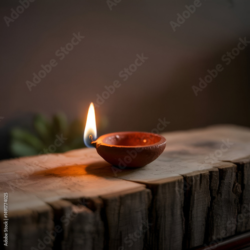 Lit Traditional Diya on Wooden Surface