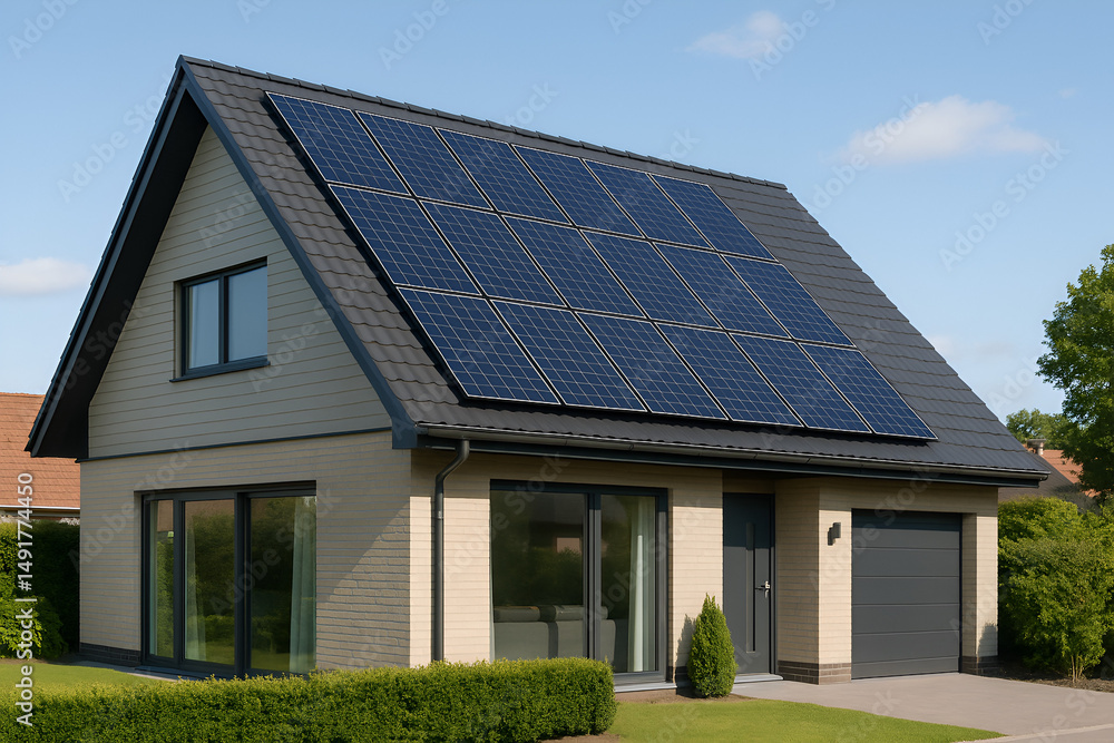 Fototapeta premium Solar Powered Suburban Home: Eco-Friendly Living
