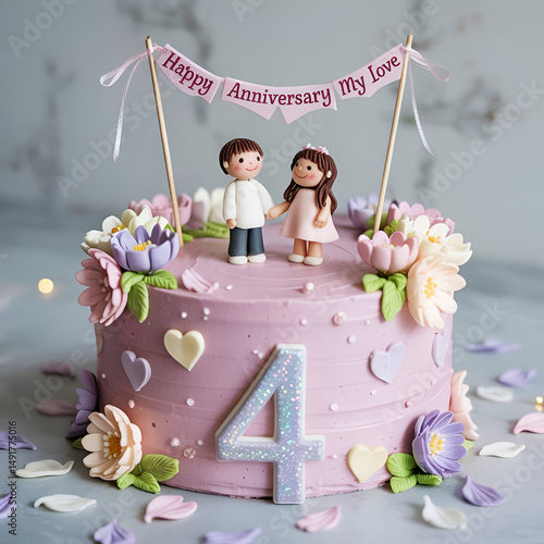 Pink Floral Anniversary Cake with Love Theme