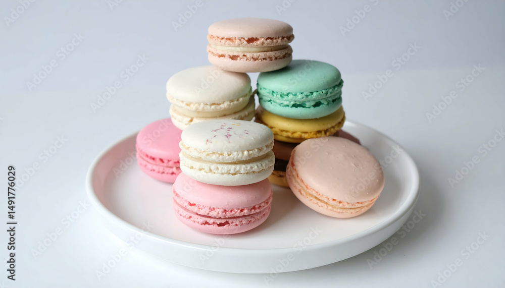 Fototapeta premium delightful pastel-colored macarons arranged on a white plate. perfect for blogs, websites, and food-related projects. sweet and elegant.