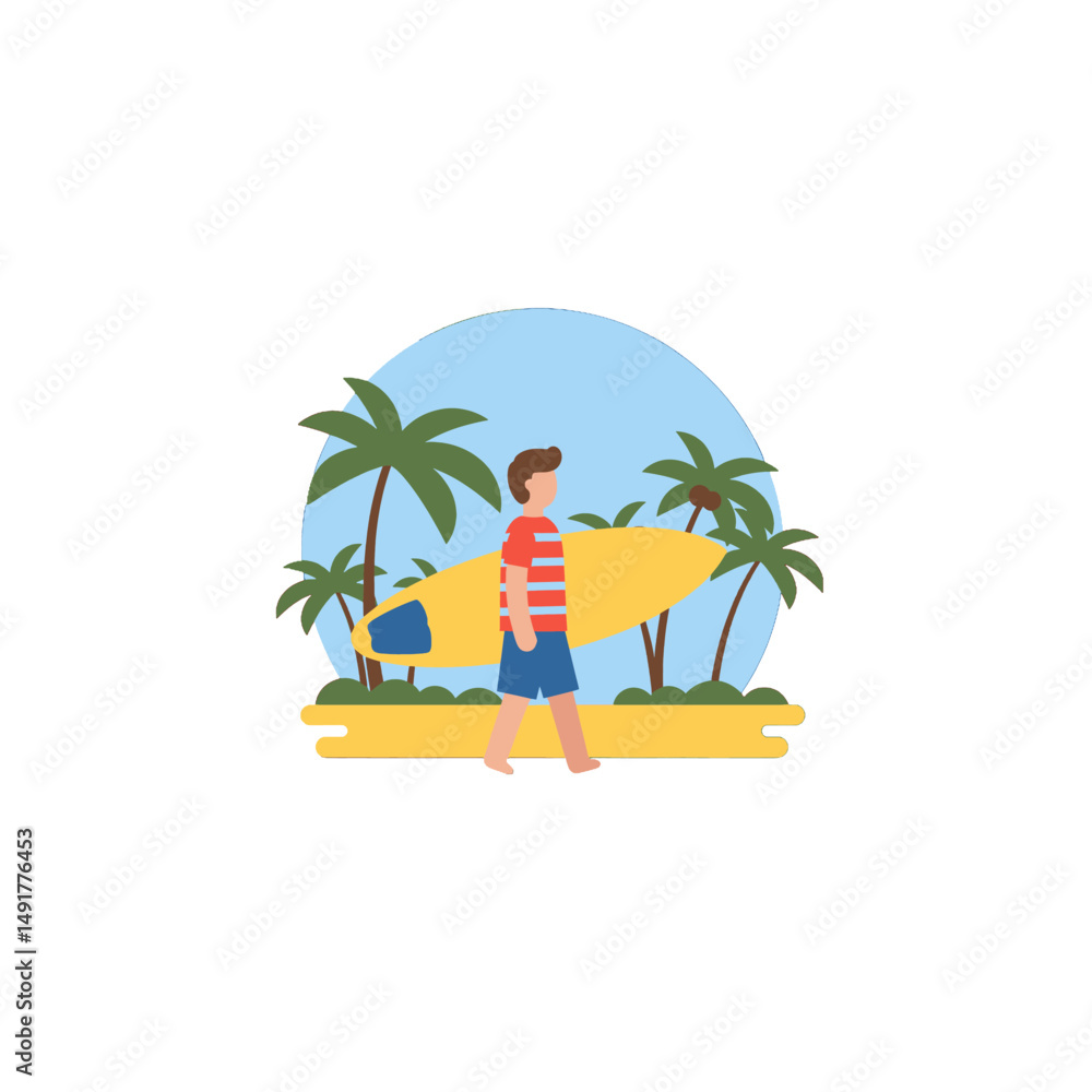 Obraz premium Young Boy Surfing At Tropical Beach Illustration