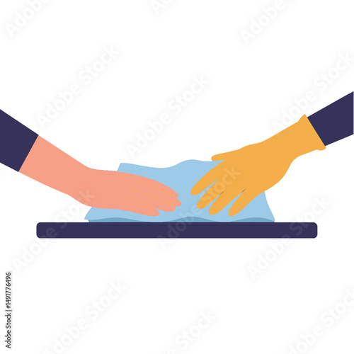 Hands in Gloves Cleaning Light Blue Object on Dark Surface