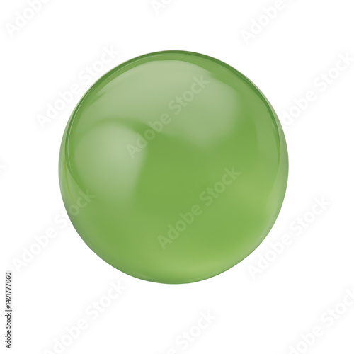 Close-up of a smooth, shiny green marble with reflective surface, spherical shape, and detailed glossy texture on a plain white background