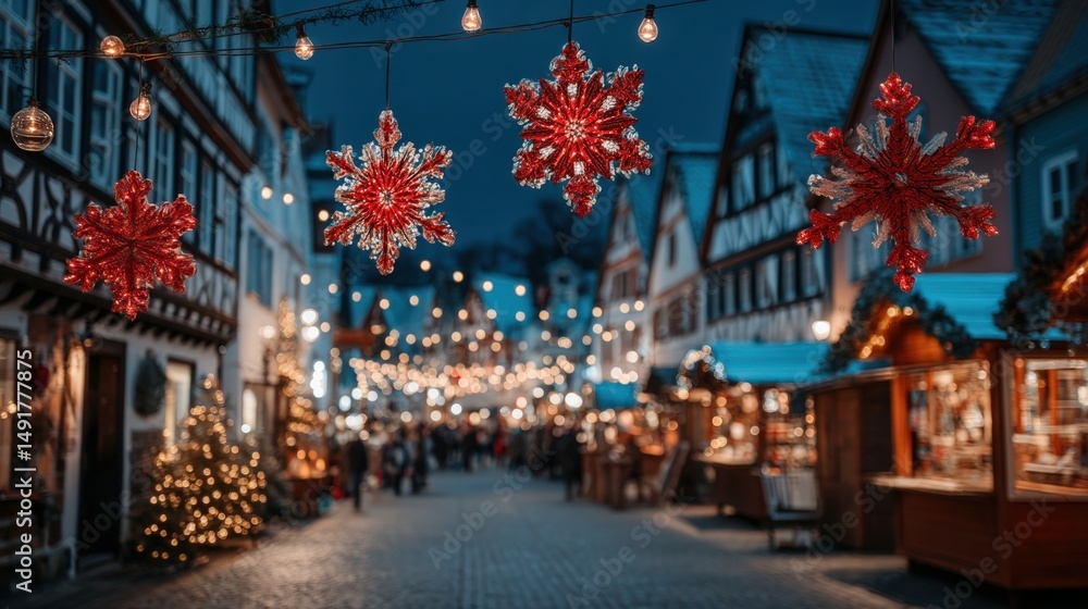 Fototapeta premium White snowflake decorations hanging on strings along a street, bright daytime with clear sky.
