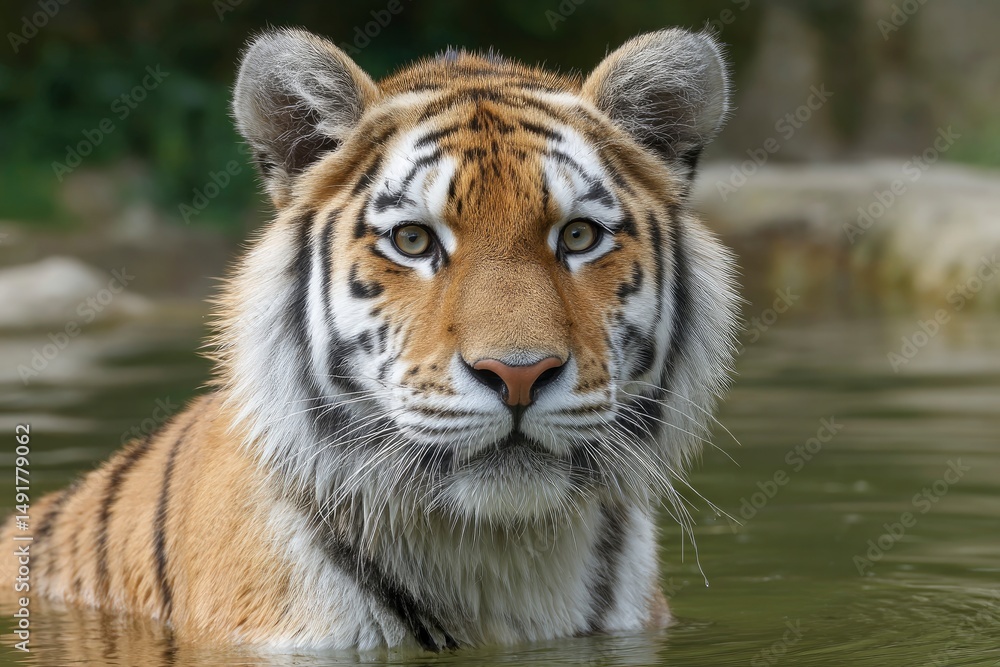 Fototapeta premium Tiger Swimming in Water Closeup Portrait Calm Wildlife