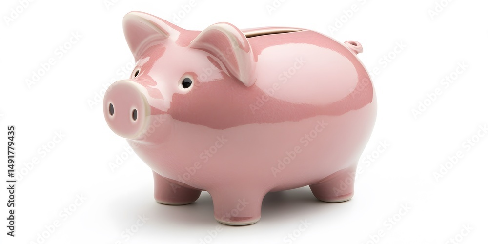 Fototapeta premium Pink ceramic piggy bank against a white background.