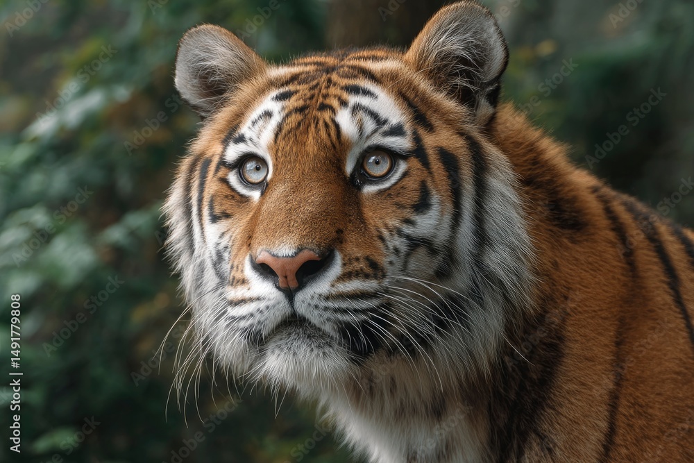 Fototapeta premium Tiger Looking Upward with Curious Expression in Nature