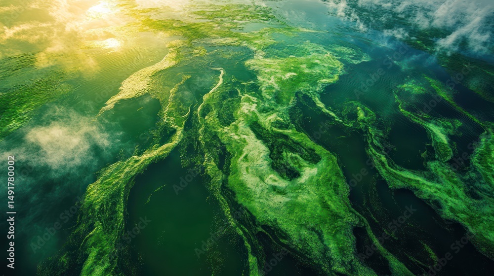 Fototapeta premium Emerald expanse: aerial view of lush green algae blooms in dark water