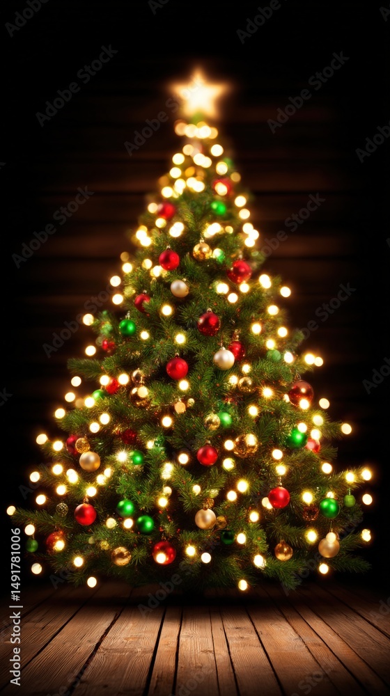 Close-up of a decorated Christmas tree with glowing warm white lights on green pine branches. Close-up of a decorated Christmas tree with glowing warm white lights on green pine branches.