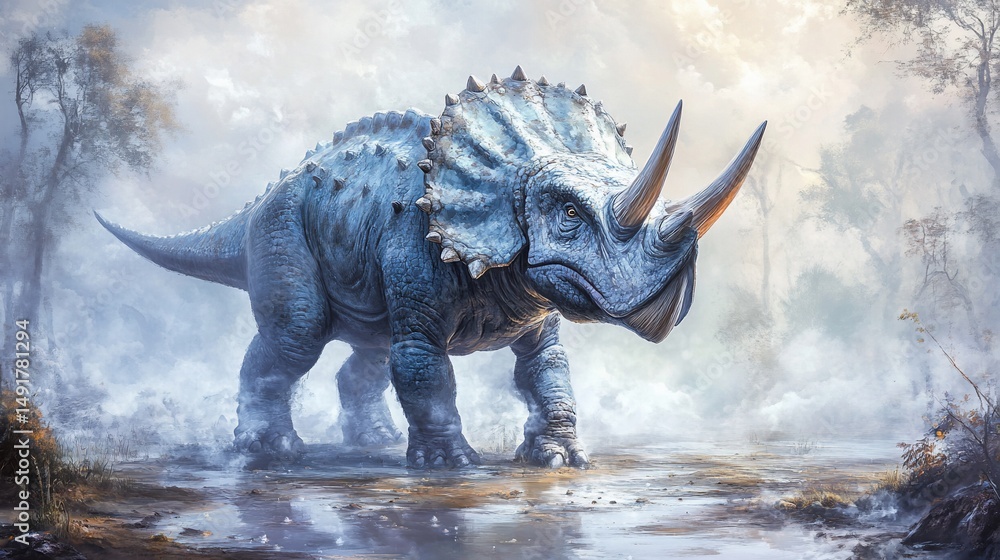 Fototapeta premium Majestic Triceratops in Misty Prehistoric Landscape