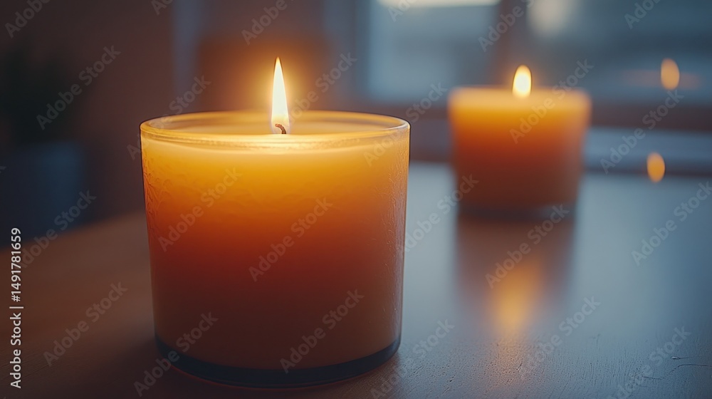 Two candles illuminate a room. Soft glow, warm ambiance Two candles illuminate a room. Soft glow, warm ambiance