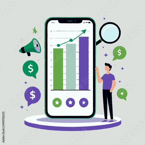 Person working in content creation, analyzing reach and digital marketing vector illustration