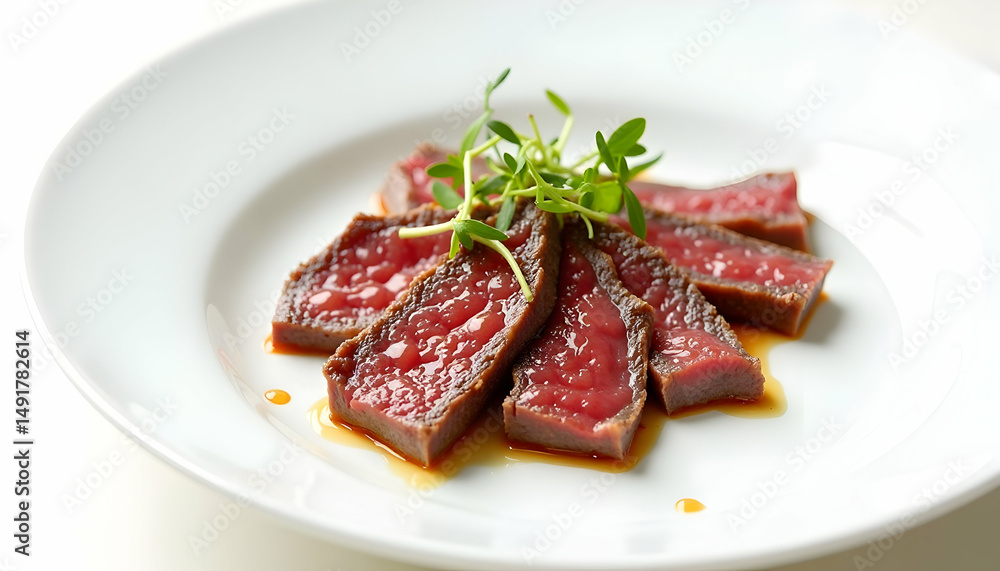 Sliced Meat Dish with Garnish on White Plate Close-up Sliced Meat Dish with Garnish on White Plate Close-up