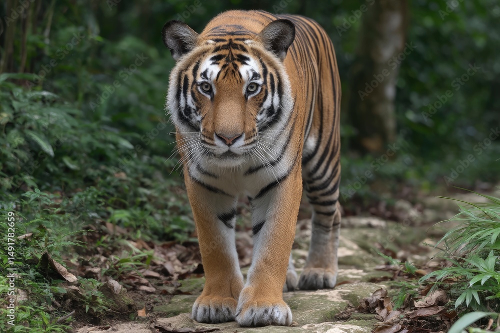 Obraz premium Tiger Walking Forward in Lush Green Forest, Front View