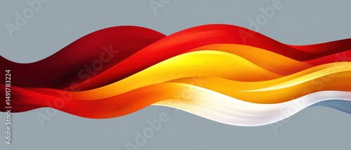 smooth flowing abstract waves in shades of red, orange, yellow, and white against a muted gray background conveying movement and energy
