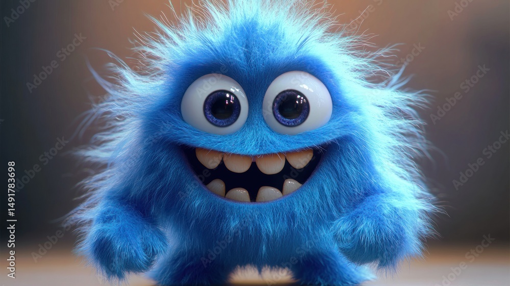 Cute small blue furry creature with big round eyes and wide toothy smile expressing happiness and excitement Cute small blue furry creature with big round eyes and wide toothy smile expressing happiness and excitement
