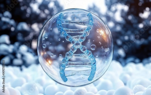 Wallpaper Mural Transparent sphere containing a detailed blue DNA double helix strand floating above a surface with numerous small white spheres and a blurred natural background Torontodigital.ca