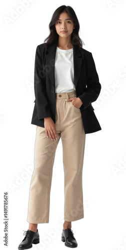 Photorealistic full-body portrait of a professional South Asian woman in early 20s, slim build, focused look, wearing black business casual jacket with beige chinos and white tee,