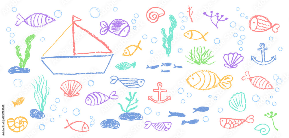 Fototapeta premium Set of kid doodle fish, seaweed, and bubbles. Colorful pastel wax texture on a white chalkboard background. Cute squiggle art style, like charcoal or crayon, showing an underwater school scene. Vector