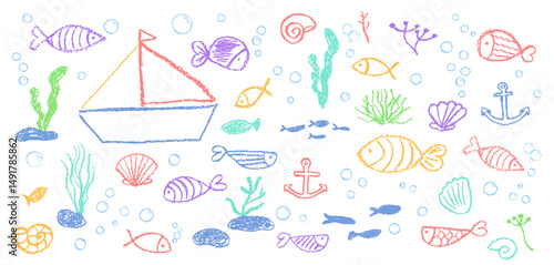 Set of kid doodle fish, seaweed, and bubbles. Colorful pastel wax texture on a white chalkboard background. Cute squiggle art style, like charcoal or crayon, showing an underwater school scene. Vector