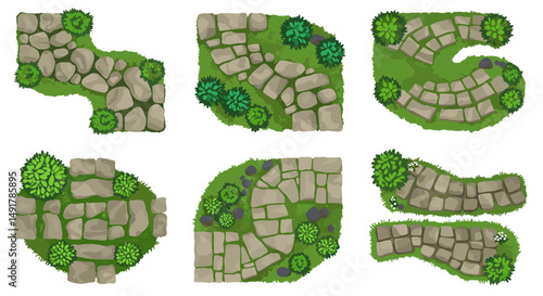 Garden stone path and walkway vector top views