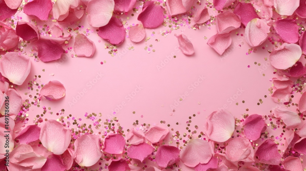 Pink rose petals and confetti border on a pastel background Pink rose petals and confetti border on a pastel background