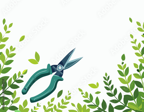 Clipping scissors resting in greenery with plenty of blank area for message