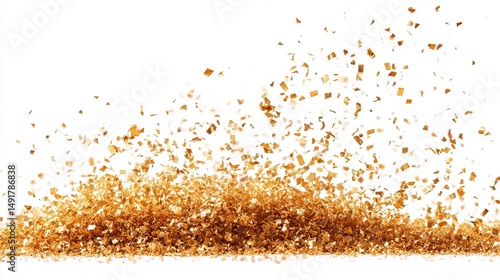 Gold-toned wood chips scattered in an explosion, against a white background