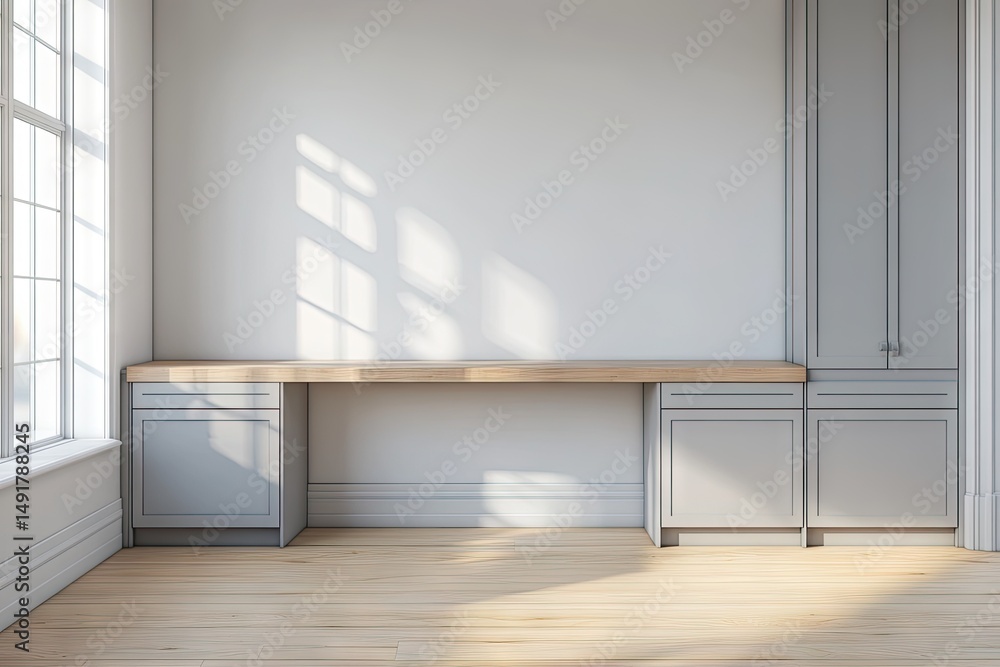Fototapeta premium Empty modern workspace with light gray cabinets and wood countertops.