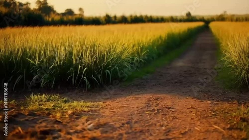 The rice field in the late afternoon glows golden, with warm sunlight casting long, peaceful shadows.
