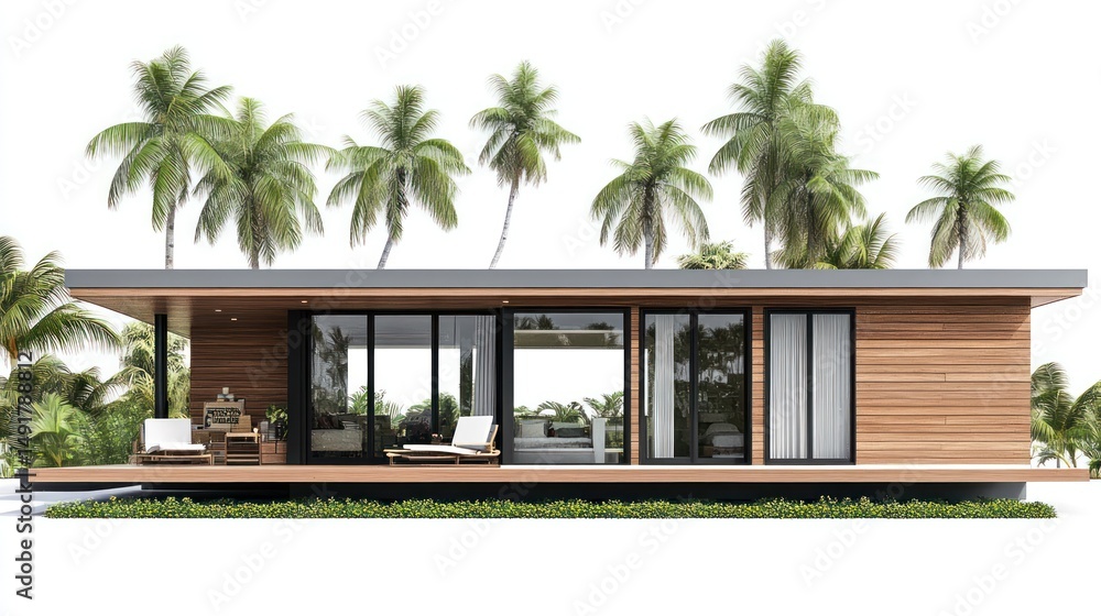 Modern, wood-clad house with large windows, deck, and palm trees. Modern, wood-clad house with large windows, deck, and palm trees.