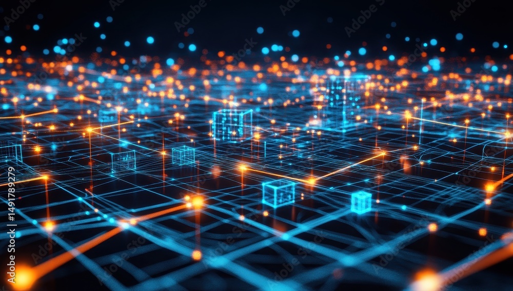 Abstract city network, glowing lines, digital structures Abstract city network, glowing lines, digital structures