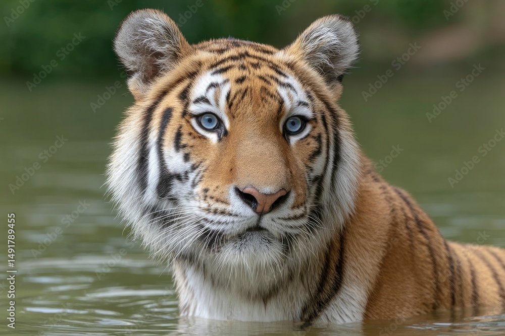 Fototapeta premium Tiger Wading in Water Close Up Portrait