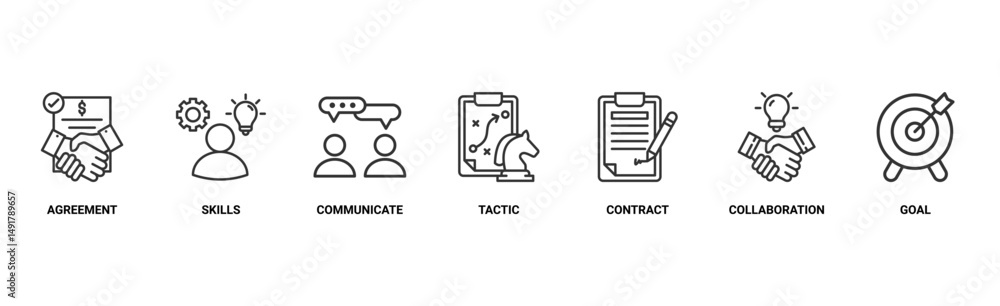 Negotiation banner web icon vector illustration concept for business deal agreement and collaboration with icon of skills, communicate, tactic, contract, and goal Negotiation banner web icon vector illustration concept for business deal agreement and collaboration with icon of skills, communicate, tactic, contract, and goal