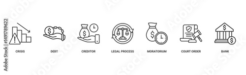 Bankruptcy banner web icon vector illustration concept with icon of crisis, debt, creditor, legal process, moratorium, court order, and bank