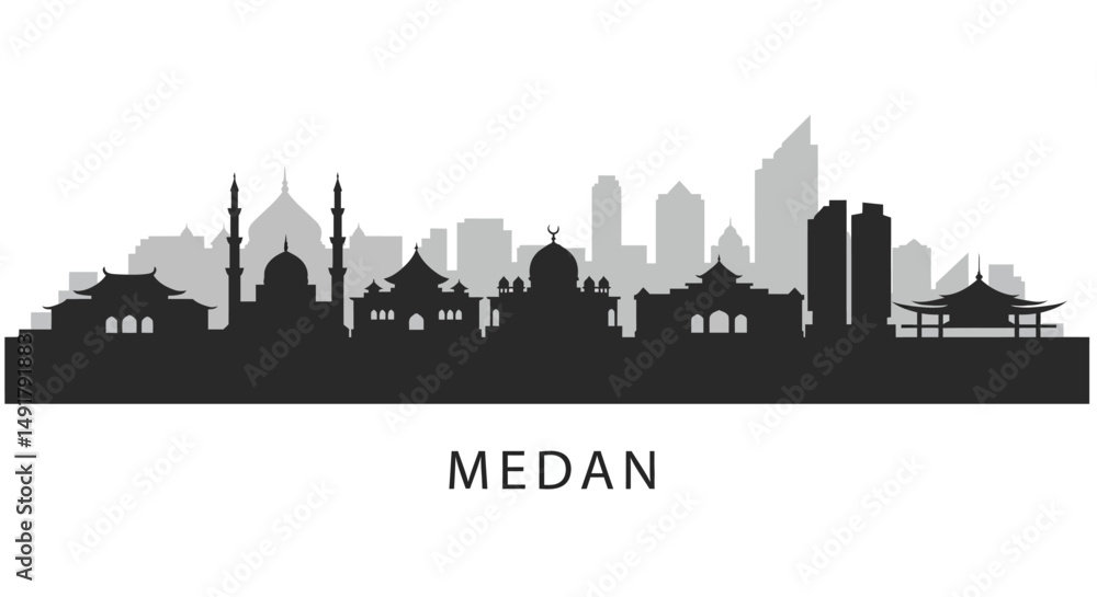 Naklejka premium Medan City Skyline with Indonesia Silhouette.