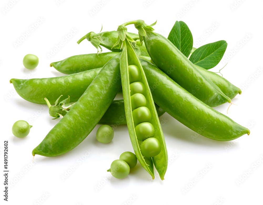 Vibrant green pea pods with visible peas and leaves against white background perfect for food photography Vibrant green pea pods with visible peas and leaves against white background perfect for food photography