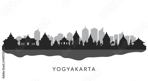 Yogyakarta Skyline Silhouette with Indonesia Cityscape.