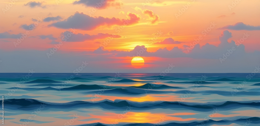 Fototapeta premium sea with evening light, romantic sunset view, scenic sunset seascape, sunset impressionist art, calm ocean horizon, colorful sky oil painting, sunset on the water