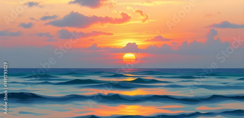 sea with evening light, romantic sunset view, scenic sunset seascape, sunset impressionist art, calm ocean horizon, colorful sky oil painting, sunset on the water