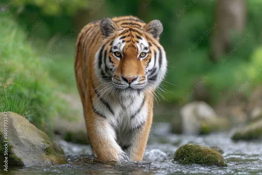 Obraz premium Tiger Walking Through Shallow Water, Wildlife in Natural Habitat