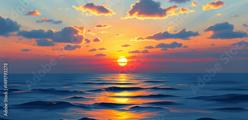 glowing horizon, sea at dusk, impressionist seascape, twilight seascape, ocean view painting, coastal sunset, orange sky painting, seascape with waves, calm sea painting, dramatic sunset clouds, ocean