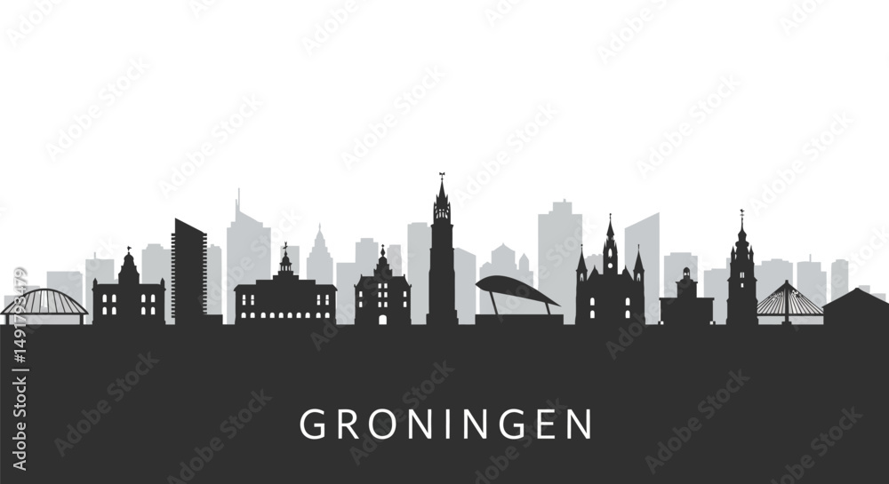 Fototapeta premium Groningen Skyline with Netherlands Cityscape, and Black Silhouette.