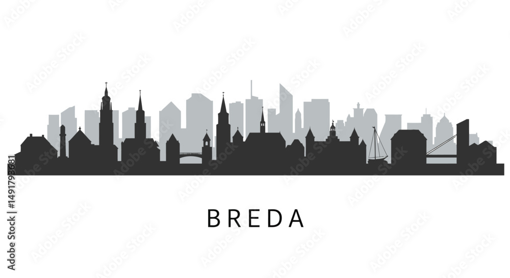 Naklejka premium Breda Skyline with Netherlands Cityscape, and Urban Vector.