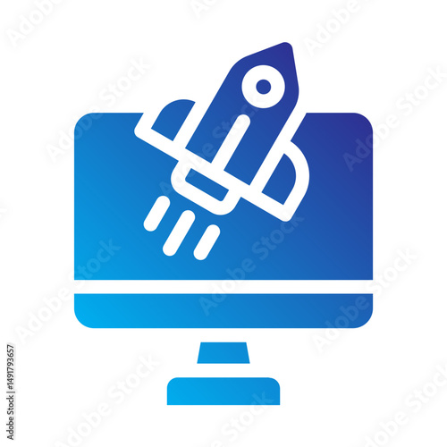 Computer screen with rocket representing project launch