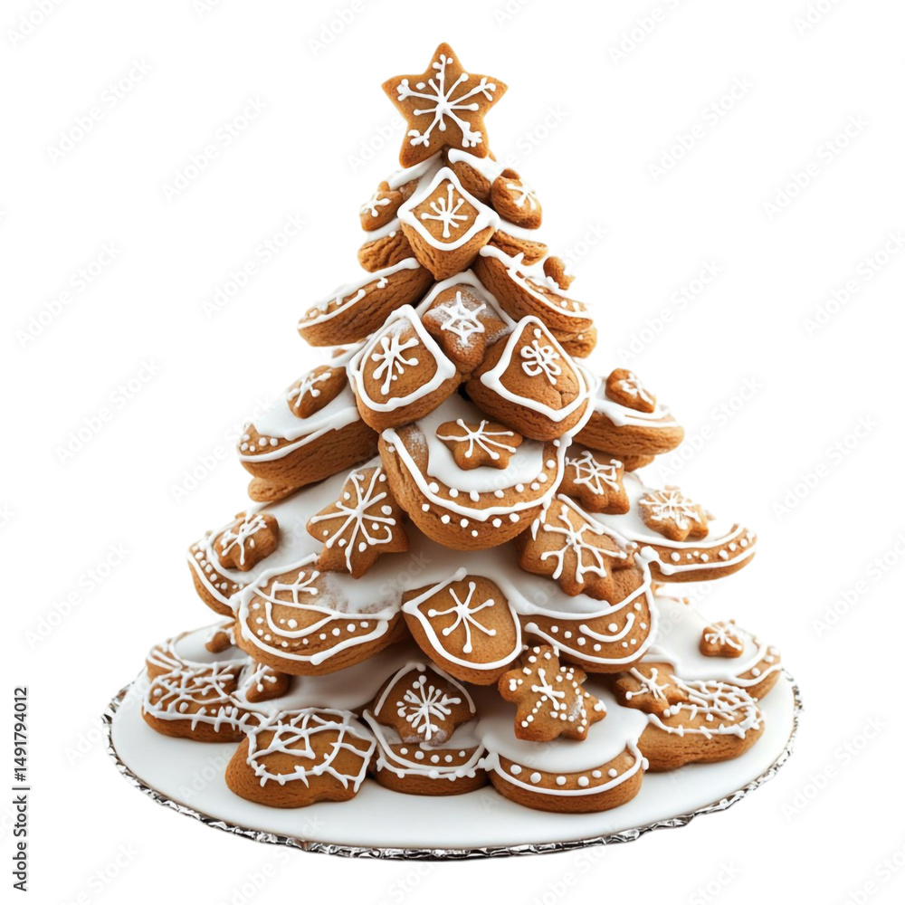 Gingerbread cookies shaped as a Christmas tree decorated with icing and snowflakes Gingerbread cookies shaped as a Christmas tree decorated with icing and snowflakes