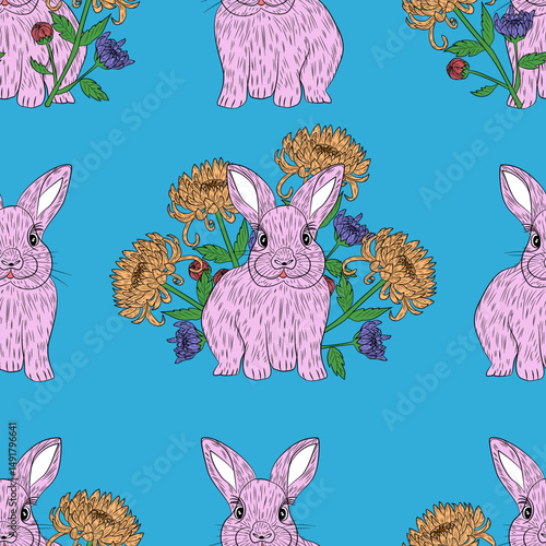 Colorful rabbit pattern with flowers, seamless design
