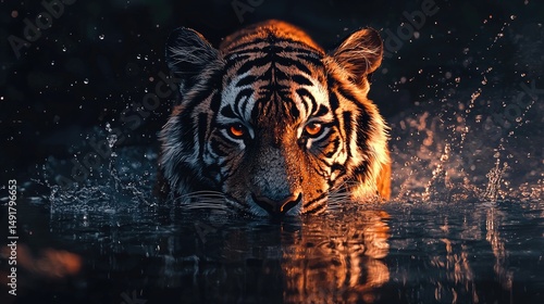 Fierce tiger emerging from dark water.