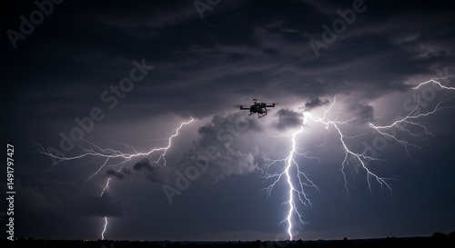 Drone Flying in Thunderstorm with Lightning Strike